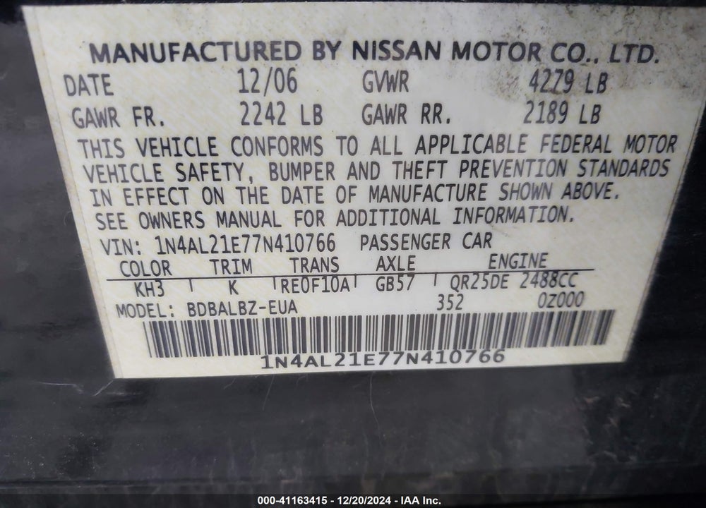 2007 NISSAN ALTIMA 2.5 S VIN: 1N4AL21E77N410766