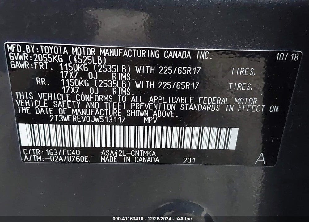 2018 TOYOTA RAV4 ADVENTURE/XLE VIN: 2T3WFREV0JW513117