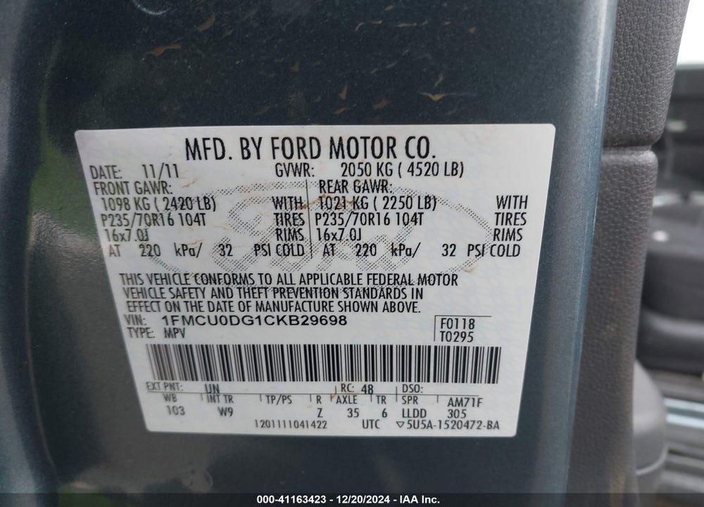 2012 FORD ESCAPE XLT VIN: 1FMCU0DG1CKB29698