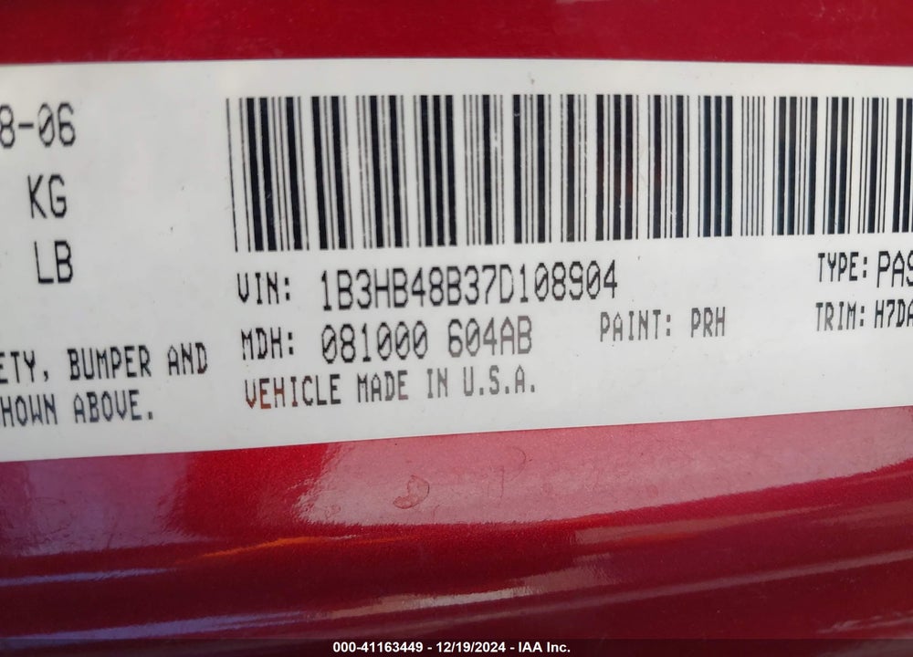 2007 DODGE CALIBER SXT VIN: 1B3HB48B37D108904