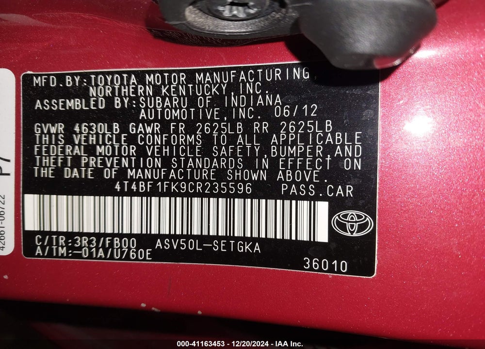 2012 TOYOTA CAMRY VIN: 4T4BF1FK9CR235596