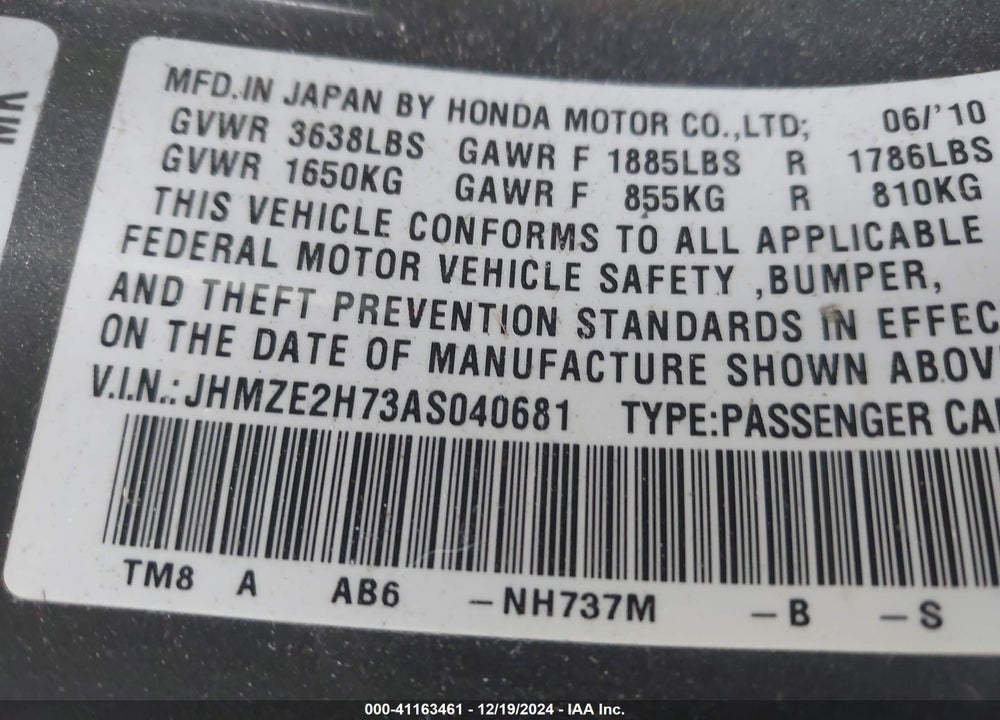 2010 HONDA INSIGHT EX VIN: JHMZE2H73AS040681