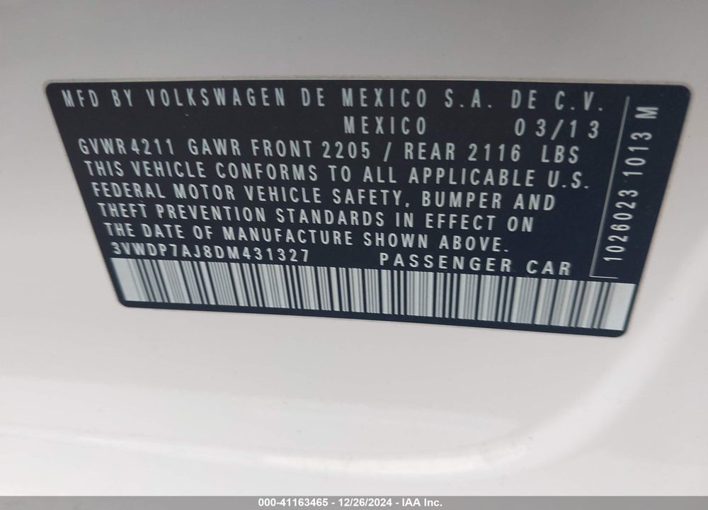 2013 VOLKSWAGEN JETTA 2.5L SE VIN: 3VWDP7AJ8DM431327