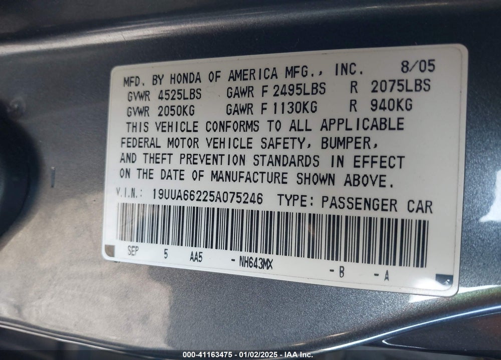 2005 ACURA TL VIN: 19UUA66225A075246