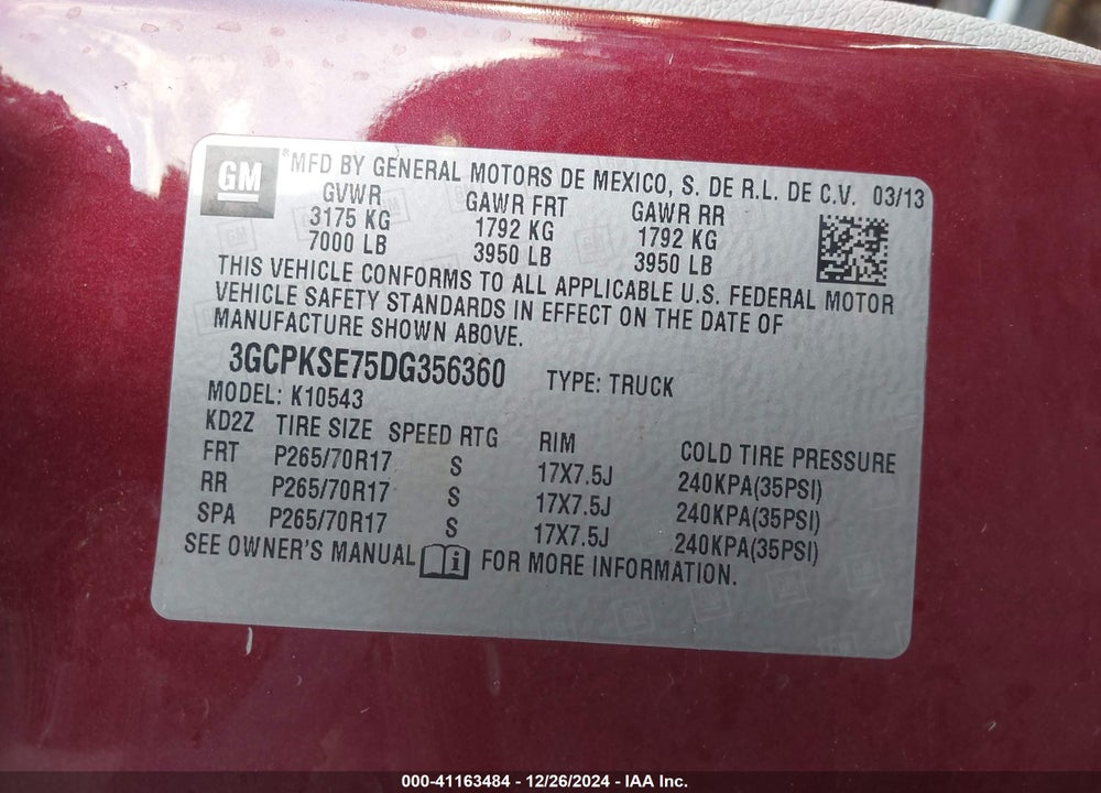 2013 CHEVROLET SILVERADO 1500 VIN: 3GCPKSE75DG356360