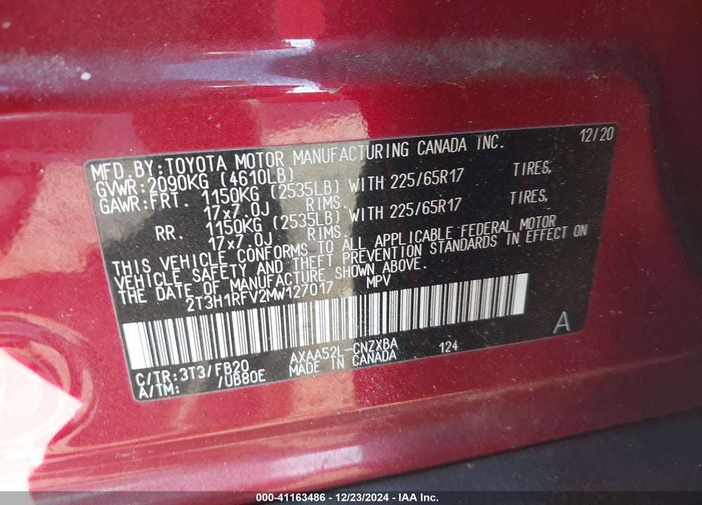 2021 TOYOTA RAV4 LE VIN: 2T3H1RFV2MW127017