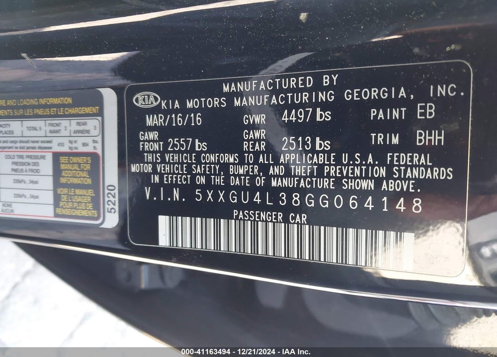 2016 KIA OPTIMA VIN: 5XXGU4L38GG064148