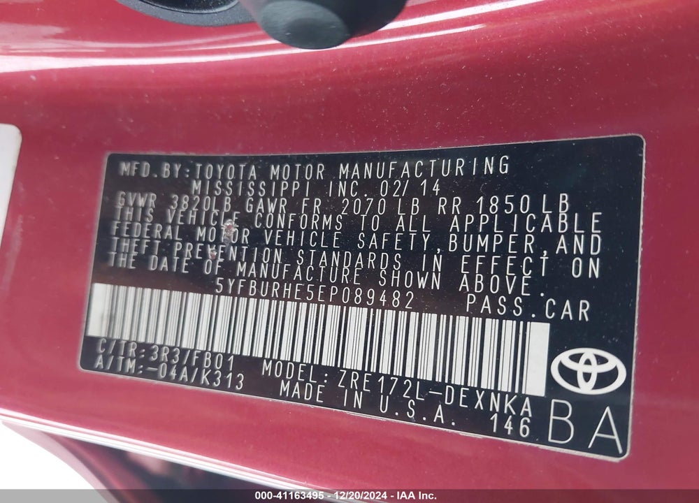 2014 TOYOTA COROLLA VIN: 5YFBURHE5EP089482