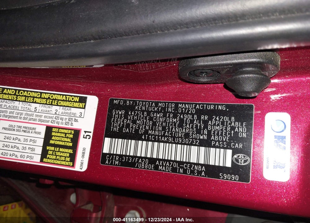 2020 TOYOTA CAMRY LE VIN: 4T1C11AK9LU930732