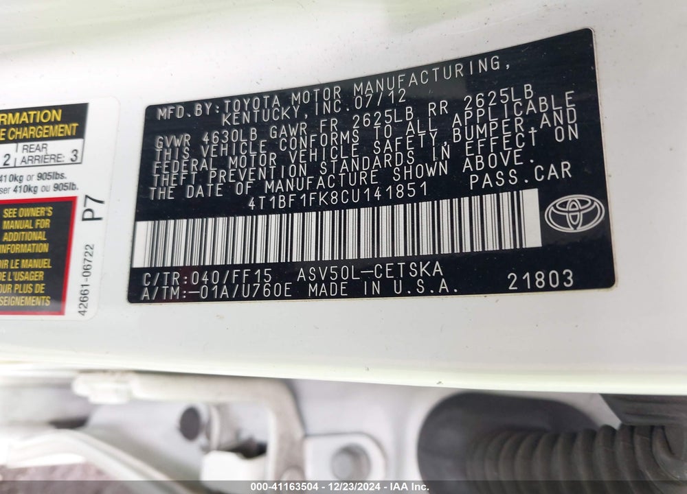2012 TOYOTA CAMRY VIN: 4T1BF1FK8CU141851