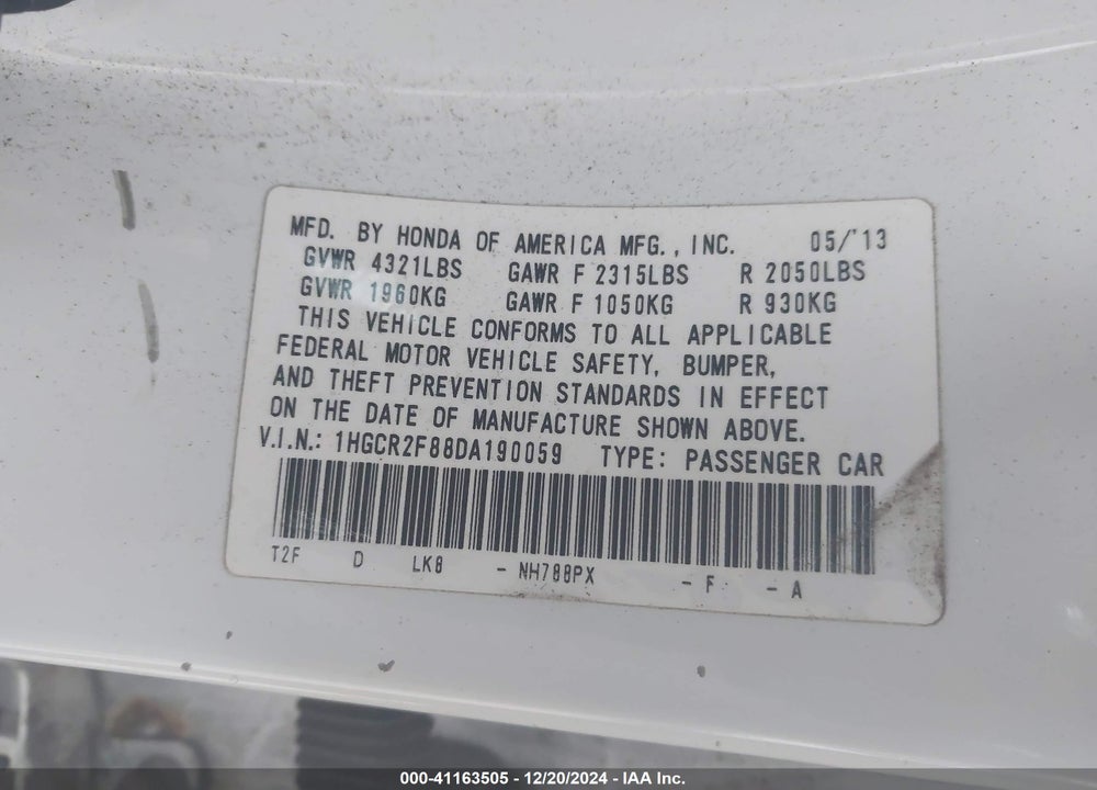 2013 HONDA ACCORD VIN: 1HGCR2F88DA190059