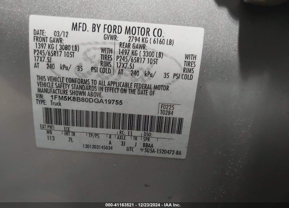 2013 FORD EXPLORER VIN: 1FM5K8B80DGA19755