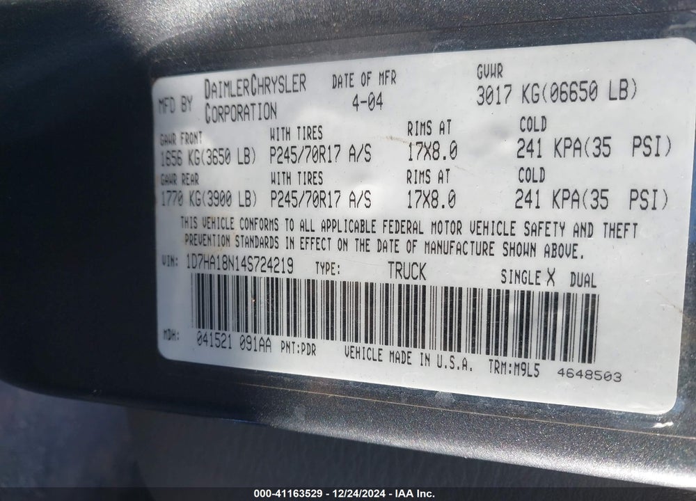 2004 DODGE RAM 1500 SLT/LARAMIE VIN: 1D7HA18N14S724219