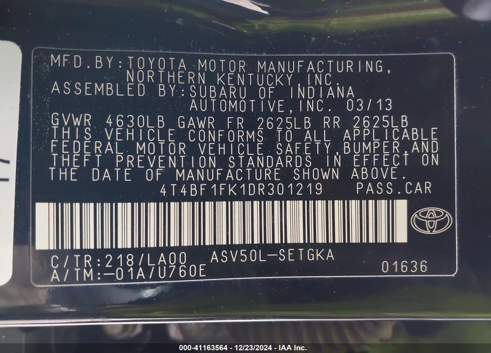 2013 TOYOTA CAMRY VIN: 4T4BF1FK1DR301219
