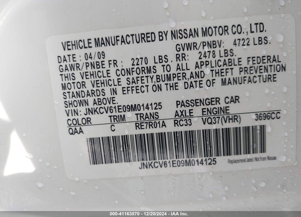 2009 INFINITI G37 JOURNEY VIN: JNKCV61E09M014125