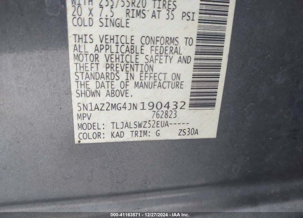 2018 NISSAN MURANO PLATINUM VIN: 5N1AZ2MG4JN190432