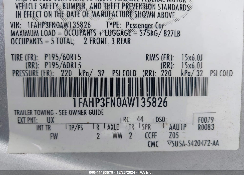 2010 FORD FOCUS SE VIN: 1FAHP3FN0AW135826