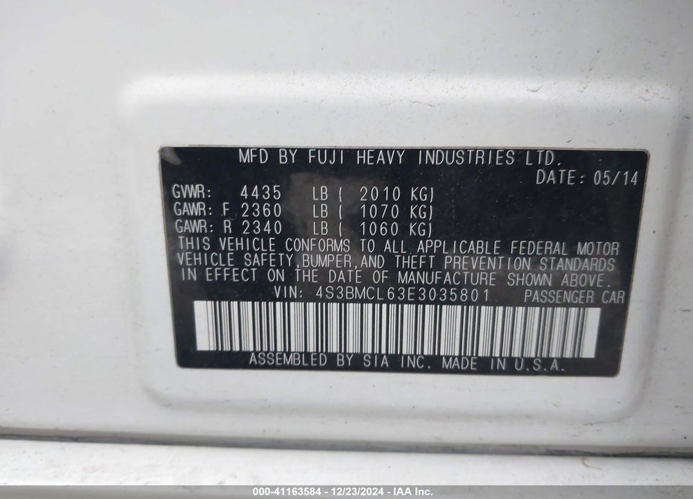 2014 SUBARU LEGACY 2.5I LIMITED VIN: 4S3BMCL63E3035801