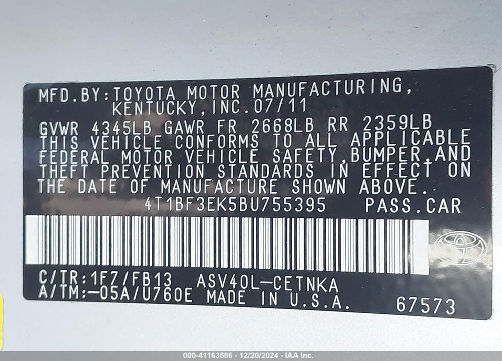 2011 TOYOTA CAMRY LE VIN: 4T1BF3EK5BU755395