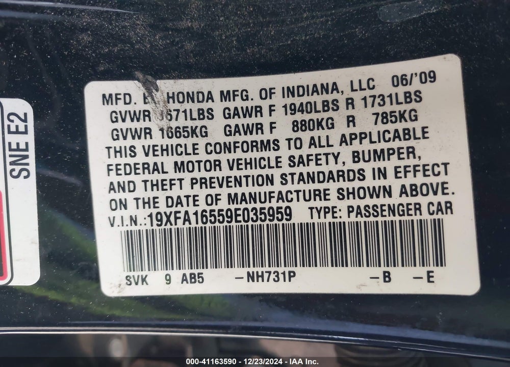 2009 HONDA CIVIC LX VIN: 19XFA16559E035959