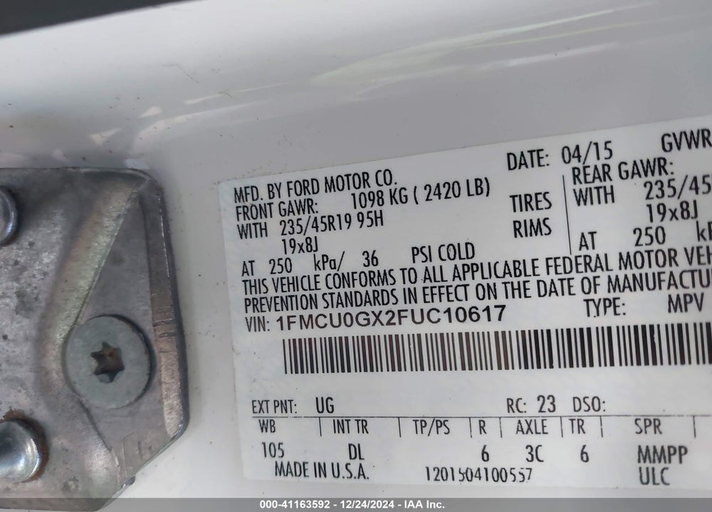 2015 FORD ESCAPE SE VIN: 1FMCU0GX2FUC10617