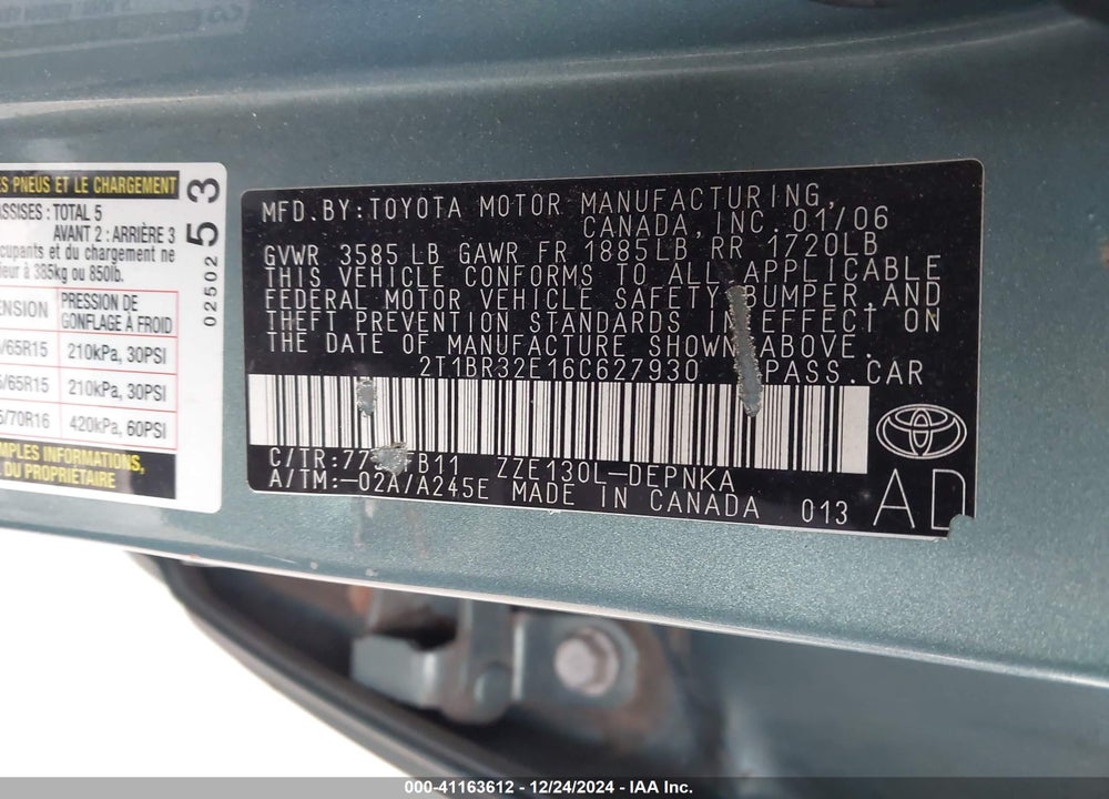 2006 TOYOTA COROLLA LE VIN: 2T1BR32E16C627930