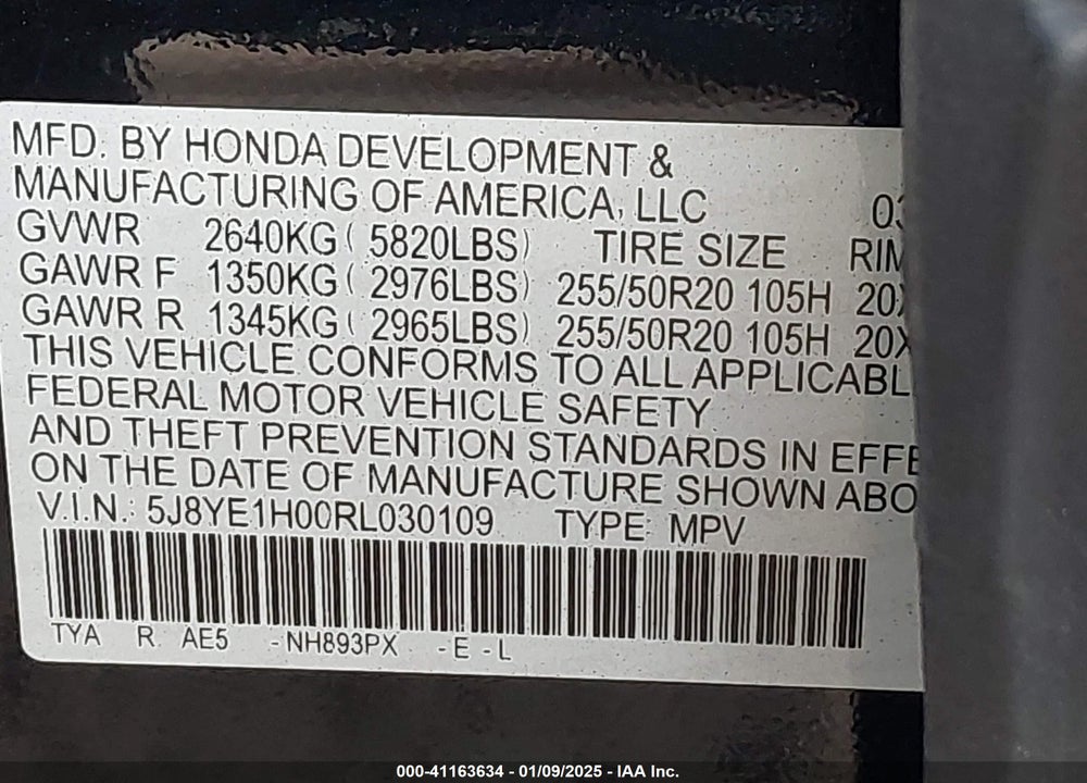 2024 ACURA MDX VIN: 5J8YE1H00RL030109