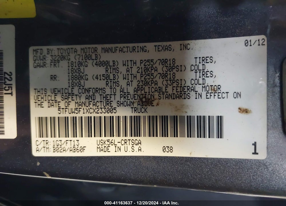 2012 TOYOTA TUNDRA GRADE 5.7L V8 VIN: 5TFUW5F1XCX233005
