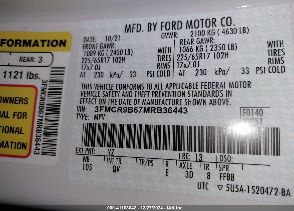 2021 FORD BRONCO SPORT BIG BEND VIN: 3FMCR9B67MRB36443