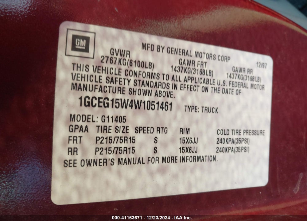 1998 CHEVROLET CHEVY VAN G1500 VIN: 1GCEG15W4W1051461