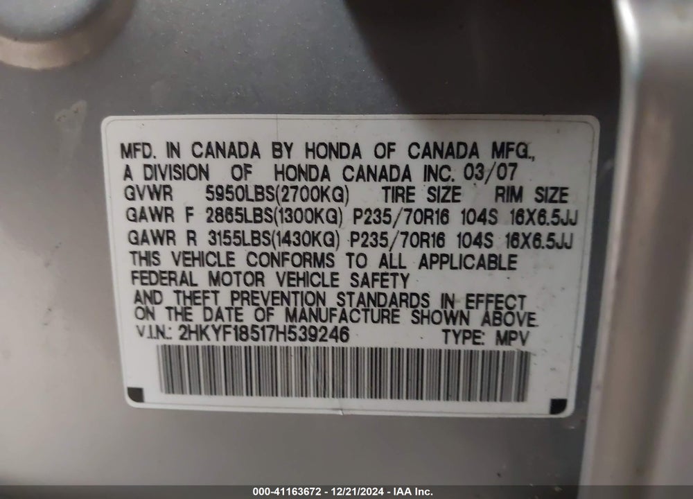 2007 HONDA PILOT EX-L VIN: 2HKYF18517H539246