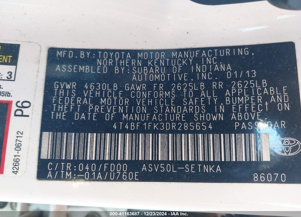 2013 TOYOTA CAMRY LE VIN: 4T4BF1FK3DR285654