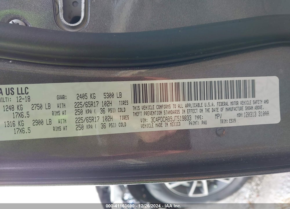 2018 DODGE JOURNEY SE VIN: 3C4PDCAB9JT519833