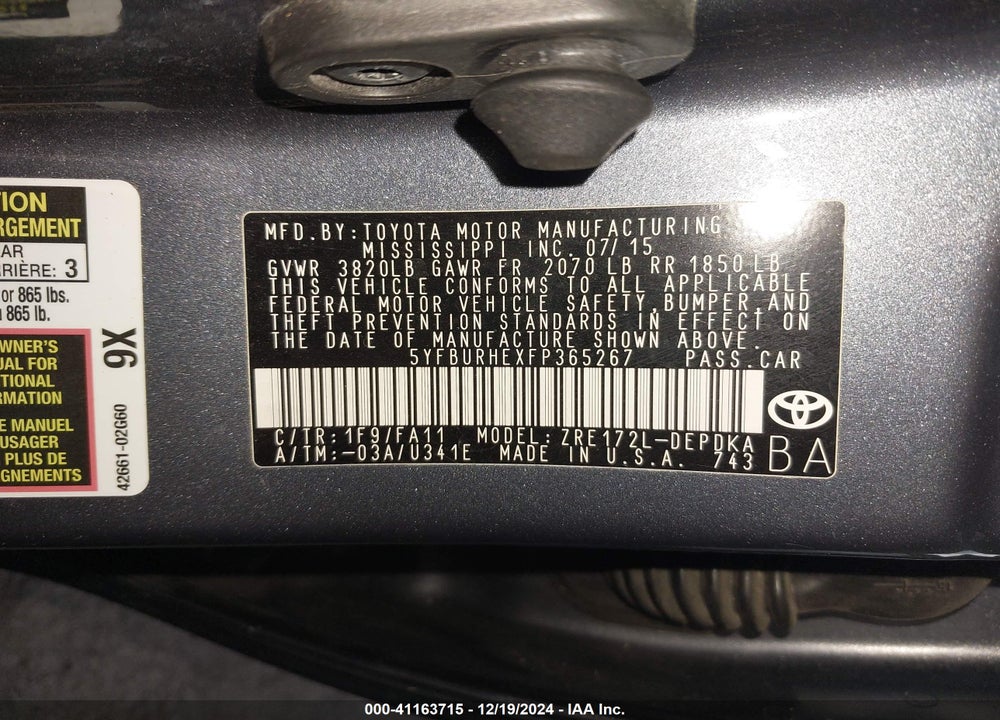 2015 TOYOTA COROLLA L VIN: 5YFBURHEXFP365267