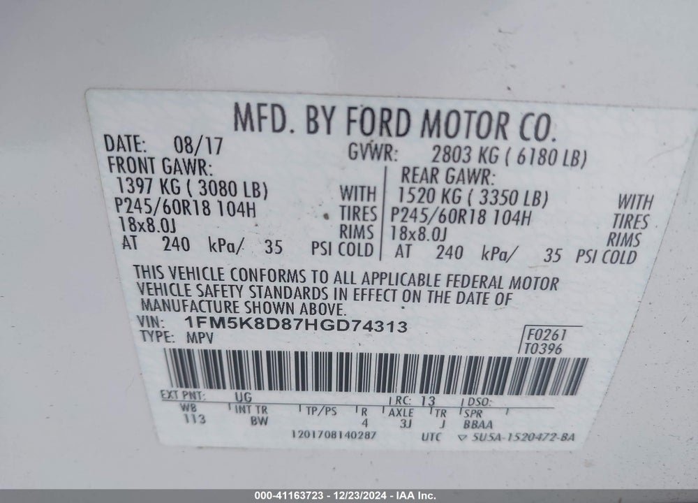 2017 FORD EXPLORER XLT VIN: 1FM5K8D87HGD74313
