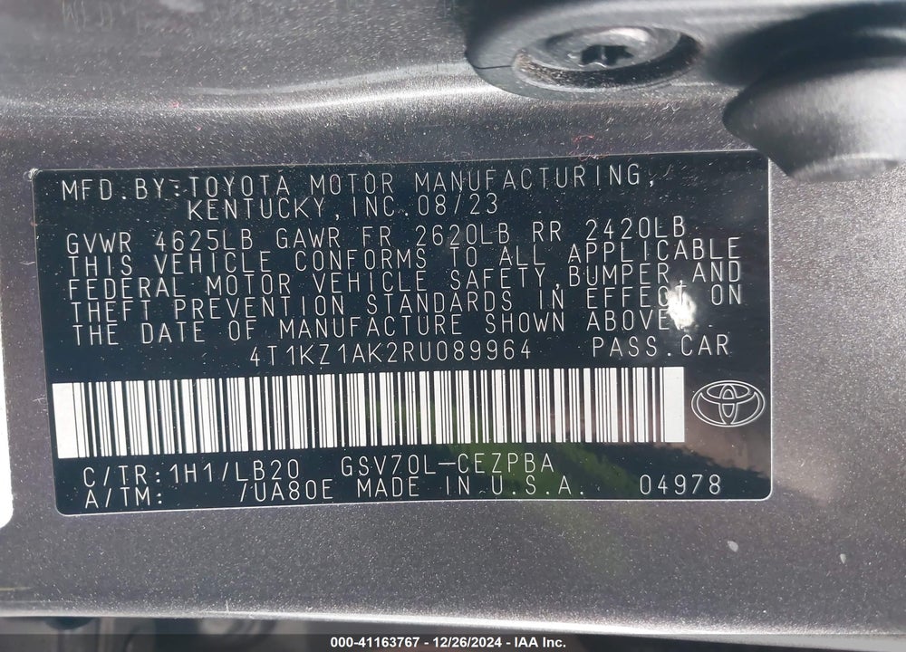 2024 TOYOTA CAMRY VIN: 4T1KZ1AK2RU089964