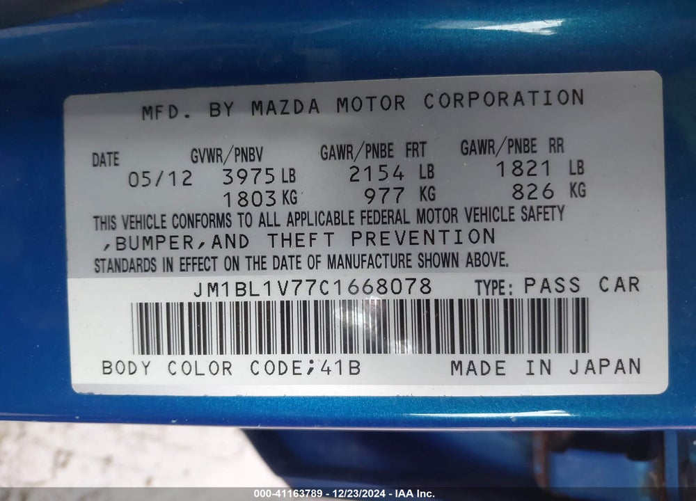 2012 MAZDA 3 I TOURING VIN: JM1BL1V77C1668078