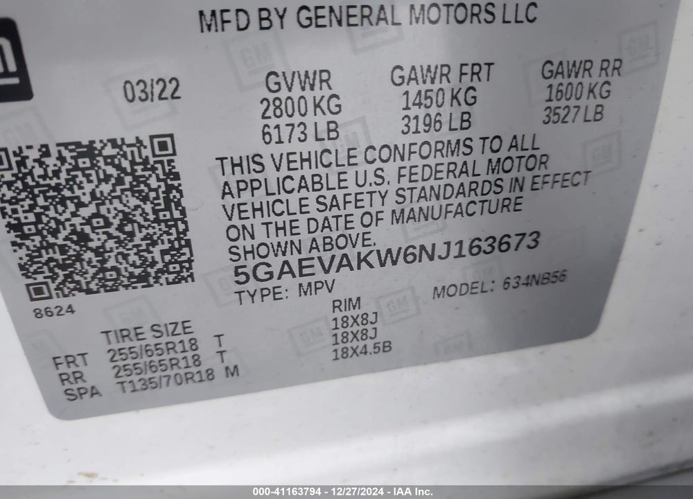 2022 BUICK ENCLAVE AWD ESSENCE VIN: 5GAEVAKW6NJ163673