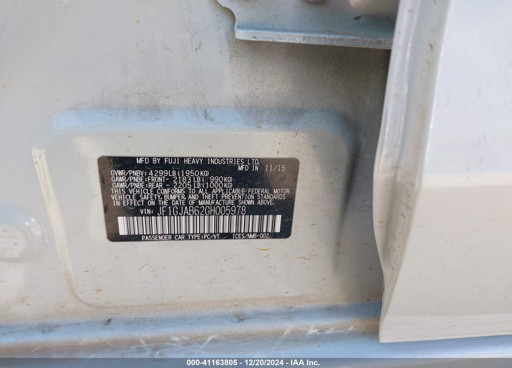 2016 SUBARU IMPREZA VIN: JF1GJAB62GH005978