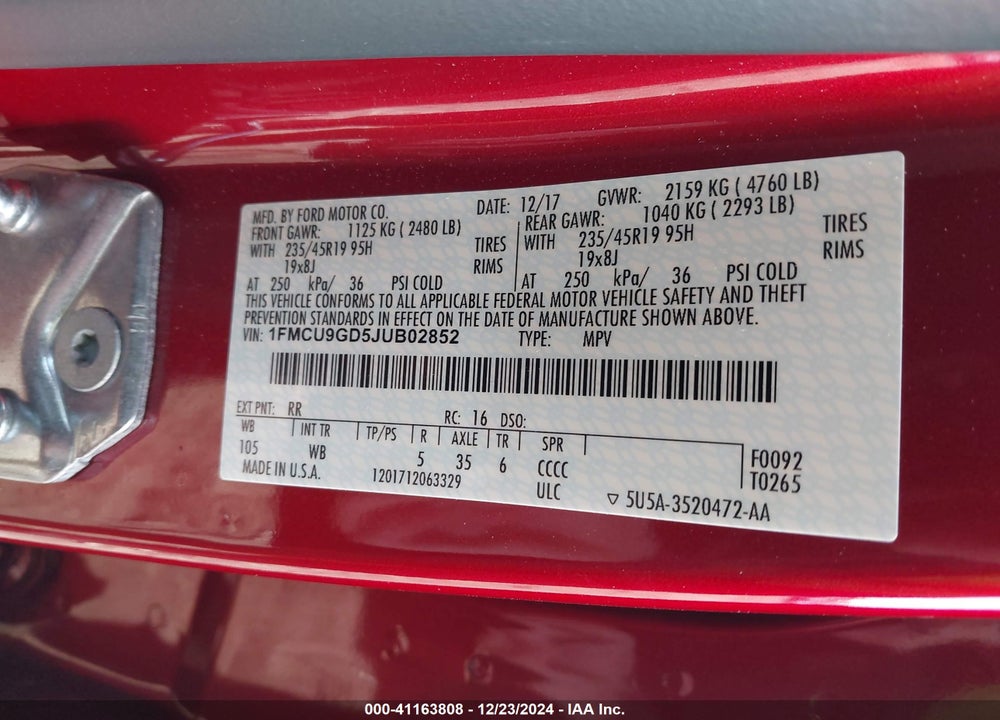 2018 FORD ESCAPE SE VIN: 1FMCU9GD5JUB02852