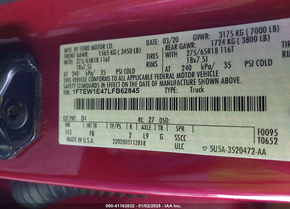 2020 FORD F-150 VIN: 1FTEW1E47LFB62845