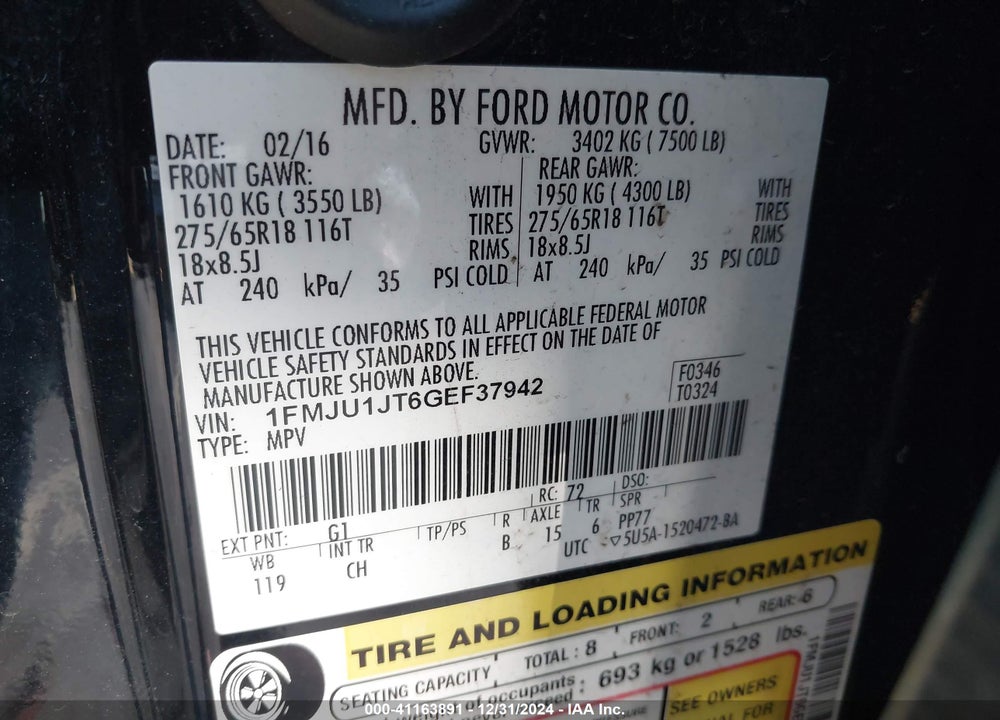 2016 FORD EXPEDITION XLT VIN: 1FMJU1JT6GEF37942
