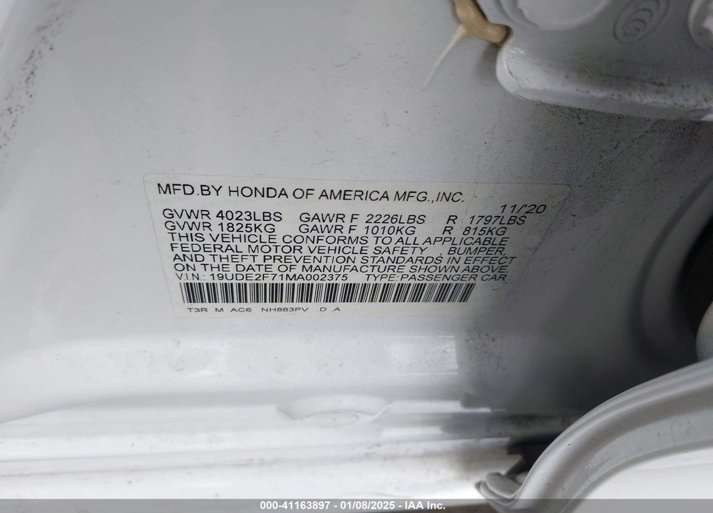 2021 ACURA ILX VIN: 19UDE2F71MA002375