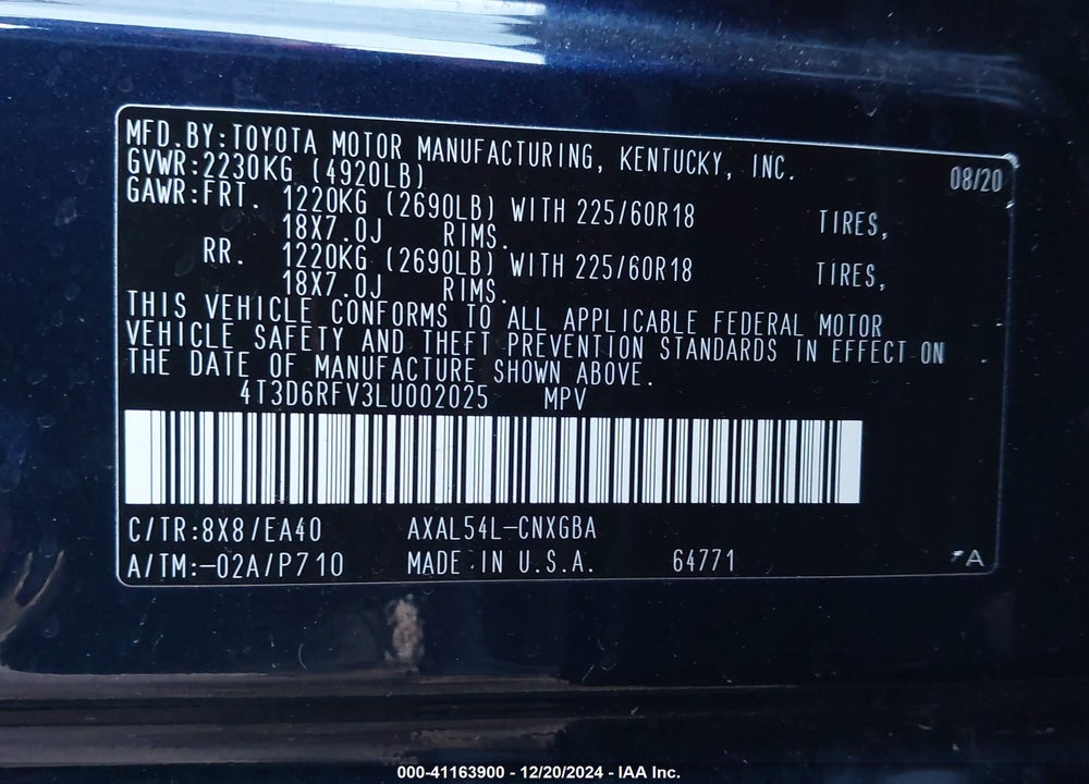 2020 TOYOTA RAV4 HYBRID LIMITED VIN: 4T3D6RFV3LU002025