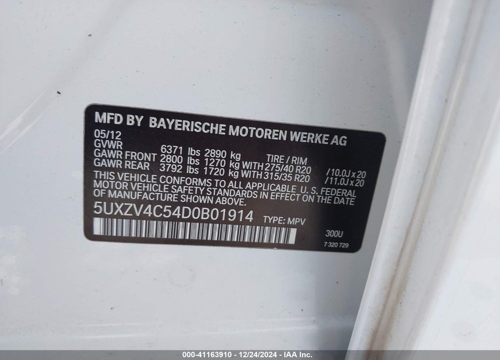 2013 BMW X5 XDRIVE35I/XDRIVE35I PREMIUM/XDRIVE35I SPORT ACTIVITY VIN: 5UXZV4C54D0B01914