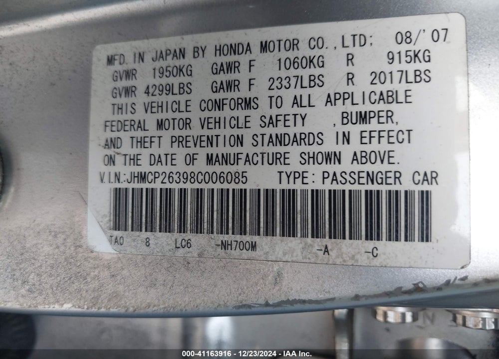 2008 HONDA ACCORD 2.4 LX VIN: JHMCP26398C006085