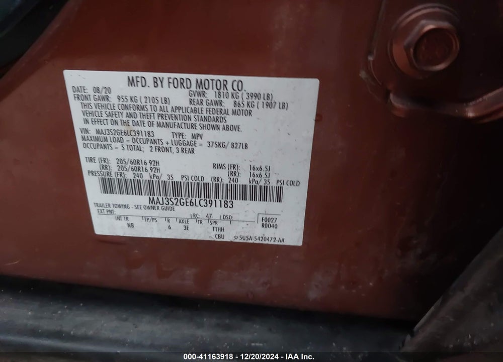 2020 FORD ECOSPORT SE VIN: MAJ3S2GE6LC391183