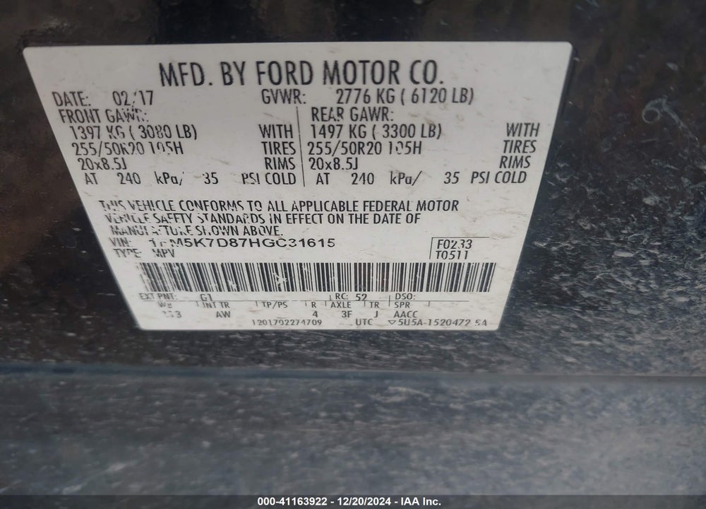 2017 FORD EXPLORER XLT VIN: 1FM5K7D87HGC31615