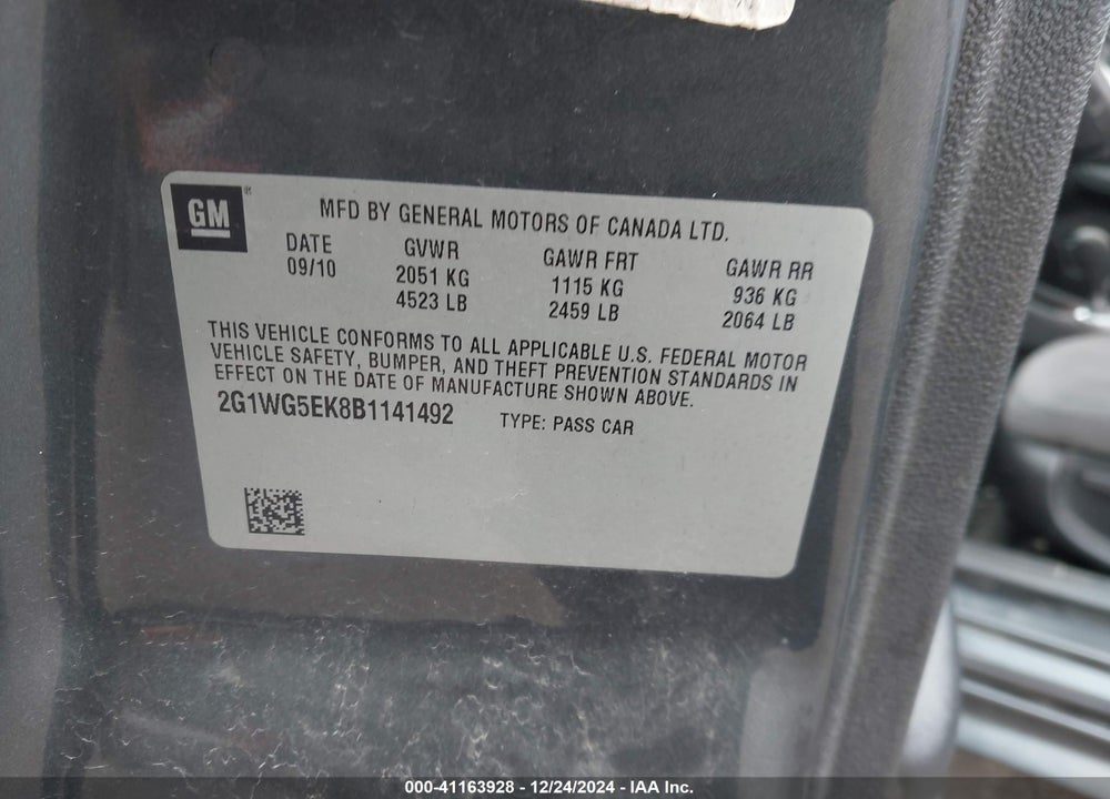 2011 CHEVROLET IMPALA VIN: 2G1WG5EK8B1141492
