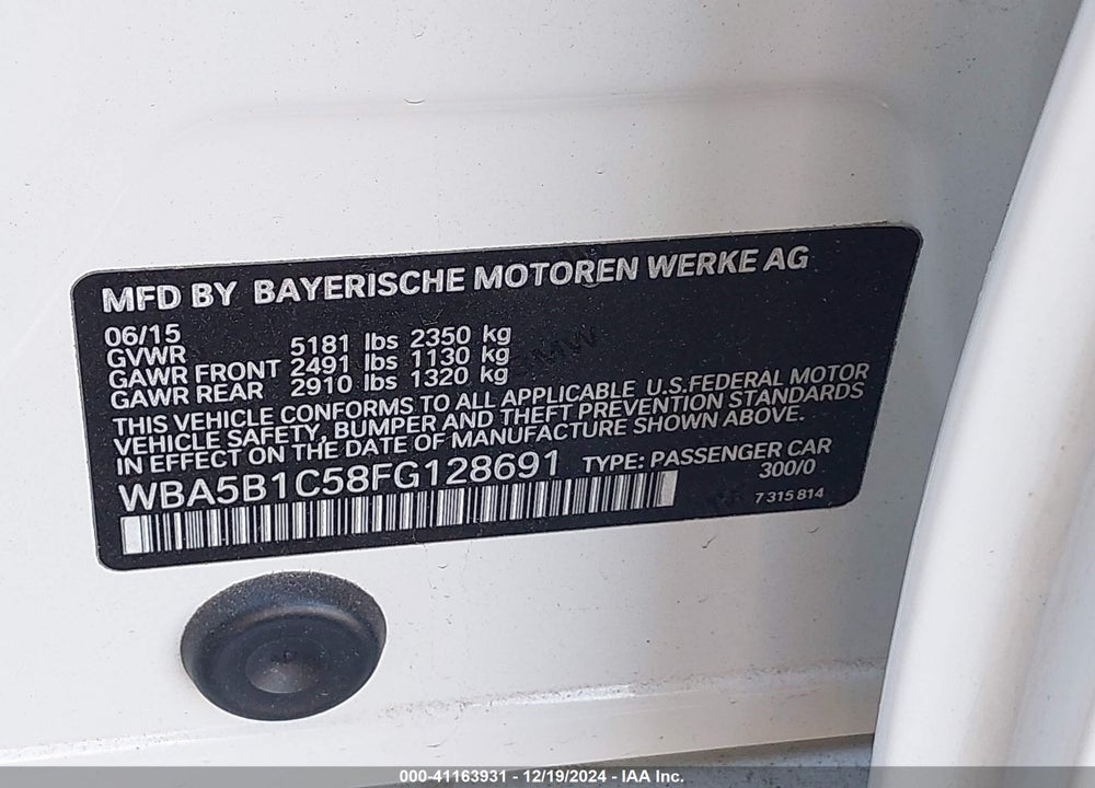 2015 BMW 535I VIN: WBA5B1C58FG128691
